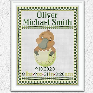 Geboortekaartje baby vogelbekdier kruissteekpatroon aangepaste geboorte sampler borduurwerk schattige dieren kinderkamer xstitch grafiek #696*
