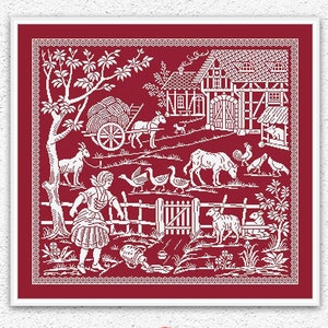 Country monochrome sampler counted cross stitch pattern Farmhouse animals and birds embroidery design Rustic village xstitch chart #389