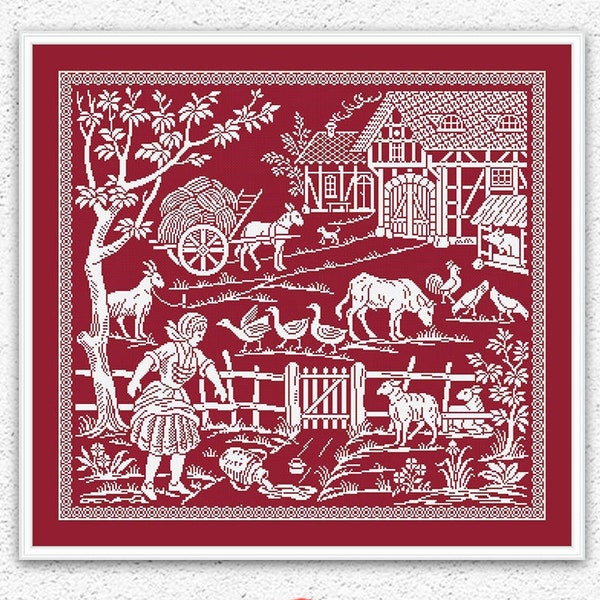 Échantillonneur monochrome pays compté motif de point de croix ferme animaux et oiseaux broderie design village rustique xstitch tableau #389