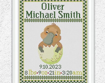 Personalized Platypus Birth Announcement Cross Stitch Pattern Custom Baby Name Sampler Counted Embroidery #696