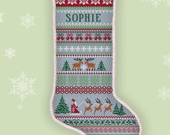 Gepersonaliseerde kerstsok kruissteekpatroon Kerstman Rendierborduurwerk kerstvakantie geteld xstitch #0500