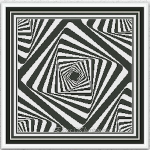 May include: Black and white geometric cross-stitch pattern in a white frame. The design features a spiraling optical illusion. The image includes a circular logo with the text "Embroidery Patterns PDF" and the words "INSTANT DOWNLOAD PDF".