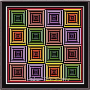 Patrón de punto de cruz geométrico colorido, diseño de bordado cuadrado de colcha de arcoíris, ilusión óptica de patchwork, gráfico de puntada contada n.° 532