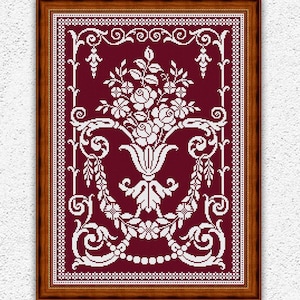 May include: A framed cross-stitch pattern with a claret background and white floral and scrollwork design. The frame is a dark wood. The image includes the text "Embroidery Patterns PDF" and "INSTANT DOWNLOAD PDF".