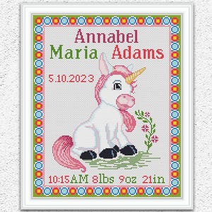 Patrón de punto de cruz de muestrario de nacimiento de bebé personalizado, bonito anuncio de nacimiento de unicornio para niña, bordado, decoración de pared de guardería, gráfico de puntada xstitch n.° 548*