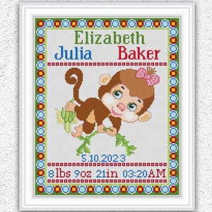 Patrón de punto de cruz de muestrario de nacimiento de bebé personalizado Diseño de bordado de lindo mono de niña bebé Gráfico de puntada xstitch de anuncio de nacimiento n.° 559*