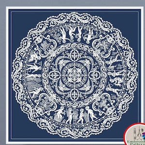 May include: A white embroidery pattern on a dark blue background. The pattern is a circular design with a central motif and a border of intricate details. The pattern is for a round embroidery project. The text "INSTANT DOWNLOAD PDF" is at the bottom of the image.