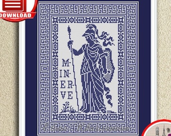 Goddess Minerva counted cross stitch Ancient Roman goddess of wisdom and war xstitch chart Monochrome sampler embroidery design #175