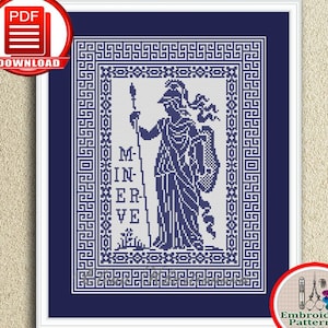 Goddess Minerva counted cross stitch Ancient Roman goddess of wisdom and war xstitch chart Monochrome sampler embroidery design #175