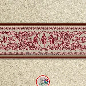 Può includere: Un motivo a punto croce incorniciato in rosso e beige. Il disegno presenta volute ornate, uccelli e figure in una scena pastorale. Il testo "INSTANT DOWNLOAD PDF" è in basso. La cornice è di colore marrone scuro.