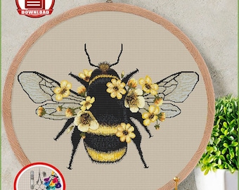 Cute fluffy bumblebee counted cross stitch pattern Insect cross stitch Bumble bee with flowers embroidery design Honey bee xstitch chart #49
