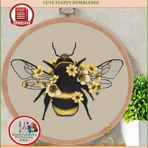 Cute fluffy bumblebee counted cross stitch pattern Insect cross stitch Bumble bee with flowers embroidery design Honey bee xstitch chart #49
