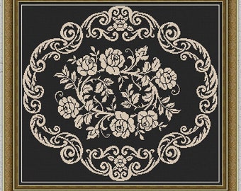 Roses counted cross stitch pattern Monochrome embroidery sampler Flower cross stitch Floral leaves ornament xstitch chart #572*
