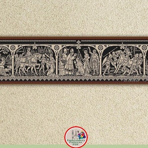 以下が含まれることがあります： 黒と白の刺繍パターンは、行列をする人々がいる中世のシーンです。パターンは黒と茶色のフレームで囲まれています。画像の下部に「INSTANT DOWNLOAD PDF」というテキストがあります。