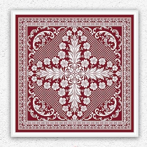 Patrón de punto de cruz monocromo floral Flores punto de cruz Diseño de bordado cuadrado Adorno antiguo xstitch gráfico Descarga digital #569