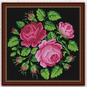 Patrón antiguo de punto de cruz de corona floral, flores, punto de cruz, rosas, hojas, diseño de bordado, flores vintage, gráfico de punto de cruz contado n.° 670