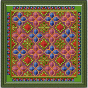 Puede incluir: Un patrón de punto de cruz enmarcado con un diseño geométrico en rojo, azul, rosa y verde. El patrón está enmarcado en un borde verde. La imagen incluye el texto "Embroidery Patterns PDF" y "INSTANT DOWNLOAD PDF".