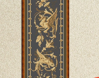 Two Wyvern dragons counted cross stitch pattern Antique sampler embroidery design Floral ornament Winged dragon xstitch chart #541
