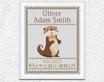 Cute baby otter cross stitch pattern Custom baby birth sampler embroidery design New baby boy girl nursery wall decor xstitch chart #699