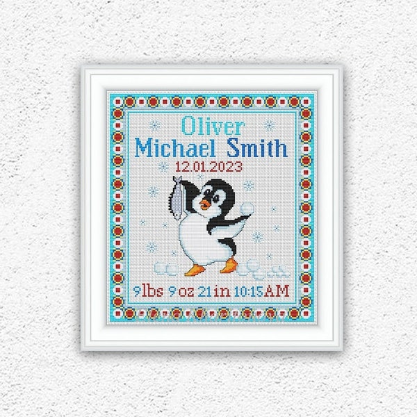 Penguin birth announcement counted cross stitch pattern Custom baby birth sampler embroidery Baby boy nursery decor xstitch chart #672