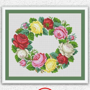 バラの花輪を数えたクロスステッチアンティークパターンフラワークロスステッチ花柄ヴィンテージ刺繍デザインバラのクロスステッチチャート#495