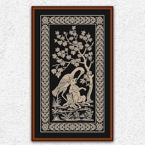 Peut inclure: Un motif de point de croix encadré représentant un oiseau et un lapin sous un arbre. Le motif est en crème et noir, avec des détails de bordure florale. L'image comprend le texte "Embroidery Patterns PDF" et "INSTANT DOWNLOAD PDF".