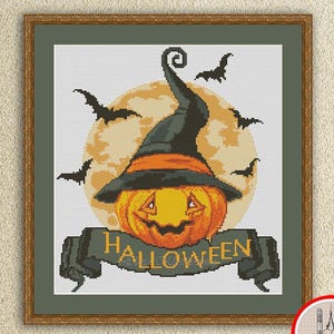 Halloween pumpkin counted cross stitch pattern Autumn Fall embroidery design Halloween cross stitch Bats Witch Pumpkin xstitch chart #427