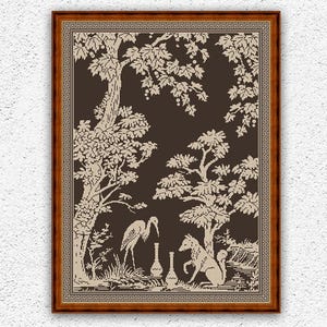 Peut inclure: Un motif de point de croix encadré représentant une scène de forêt avec des arbres, des oiseaux et un renard. Le motif est beige sur un fond marron foncé. Le cadre est marron avec une bordure grecque. Le texte "Embroidery Patterns PDF" et "INSTANT DOWNLOAD PDF" est inclus.