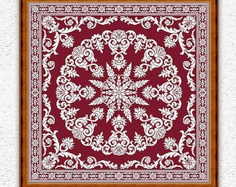 Könnte beinhalten: Ein rotes und weißes Stickmuster mit einem kreisförmigen Design mit komplizierten floralen Details. Das Muster ist in einem braunen Holzrahmen gerahmt und steht zum sofortigen Download als PDF bereit.