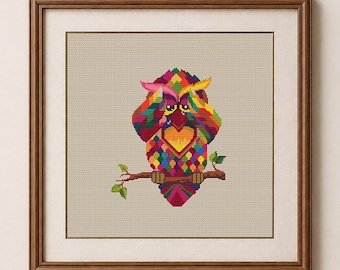 Geometrisches Eulen-Kreuzstichmuster, bunte Vogelstickerei, Mandala-Zählmuster #77