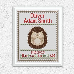 Patrón de punto de cruz con anuncio de nacimiento de erizo personalizado Muestrario de nacimiento de bebé Bordado Decoración de pared de guardería con lindos animales xstitch n.° 698*