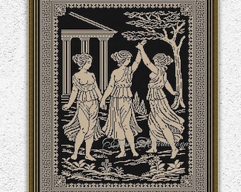 Goddesses monochrome sampler counted cross stitch pattern Ancient mythology embroidery design Antique xstitch chart #2016