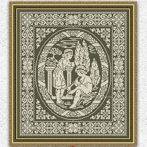 Antique monochrome sampler cross stitch pattern Ancient garden scene embroidery design Vintage sampler counted xstitch chart #2027