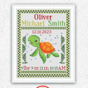 Patrón de punto de cruz de muestra de nacimiento de bebé personalizado Lindo anuncio de nacimiento de tortuga bordado Decoración de pared de vivero náutico xstitch gráfico #558*