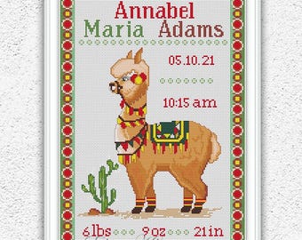 Custom Llama Birth Announcement Cross Stitch Pattern Baby Boy Girl Name Sampler Embroidery #416