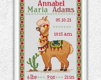 Llama personalized baby birth sampler cross stitch pattern Nursery wall decor counted embroidery #416*