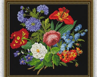 Flowers bouquet cross stitch antique pattern Vintage floral counted embroidery #656