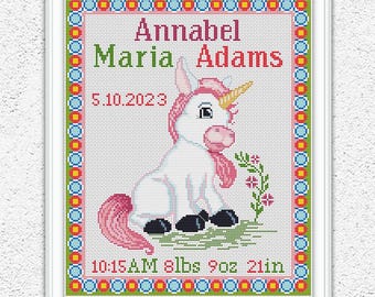 Unicorn Birth Announcement Cross Stitch Pattern Personalized New Baby Girl Record Embroidery Sampler #548