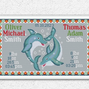 Patrón de punto de cruz para anuncio de nacimiento de delfines gemelos Muestrario de nacimiento de bebé personalizado Bordado Decoración de guardería con temática oceánica xstitch n.° 555*