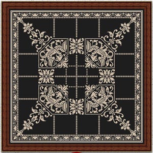 May include: A square cross-stitch embroidery pattern featuring a black background with cream-colored symmetrical motifs of mythical birds and floral elements arranged in a grid, enclosed within a decorative border and a dark brown wooden frame.