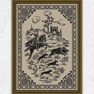 Monochrome medieval hunting scene cross stitch pattern Monochrome sampler counted xstitch chart Horse Hounds Castle vintage embroidery #818