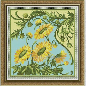 Sonnenblumen Kreuzstichmuster Blumen Kreuzstich Floral Jugendstil Vintage Stickdatei Blumen Blätter #730