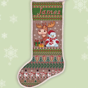 Snowman and Reindeer stocking counted cross stitch pattern Custom Christmas stocking embroidery DIY Holiday home decor xstitch chart #525*