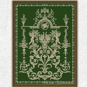 Puede incluir: Un patrón de punto de cruz verde y beige enmarcado con un diseño simétrico de motivos florales y querubines. La obra de arte incluye el texto "Embroidery Patterns PDF" y "INSTANT DOWNLOAD PDF".