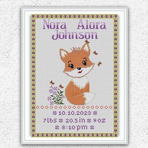 Padrão de ponto cruz para anúncio de nascimento personalizado Gráfico de ponto cruz contado para bebê fofo Raposa Design de bordado para bebê novo Decoração de parede para berçário de menina #693