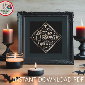 Monochrome Halloween cross stitch pattern Halloween quaker sampler embroidery design Pumpkin Bats Spiders Web Easy small xstitch chart #711