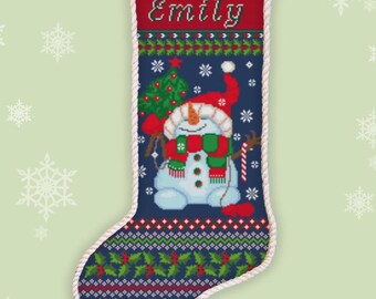 Individuelle Weihnachtsmann-Socke mit Schneemann-Motiv (Kreuzstichmuster) – Personalisierte Weihnachtsmann-Socke (Zählstickerei) #524