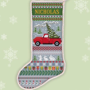 Personalized Christmas stocking cross stitch pattern Red truck stocking embroidery Santa sock Xmas car Mistletoe ornament xstitch chart #522