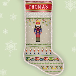 Patrón de punto de cruz personalizado para calcetín navideño: Trenes de juguete Cascanueces, Soldados de hojalata, Bordado contado #871*