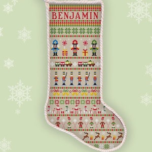 Nutcracker Christmas stocking cross stitch pattern Personalized Santa sock embroidery Toy train Tin soldier Snowflakes ornament xstitch #893